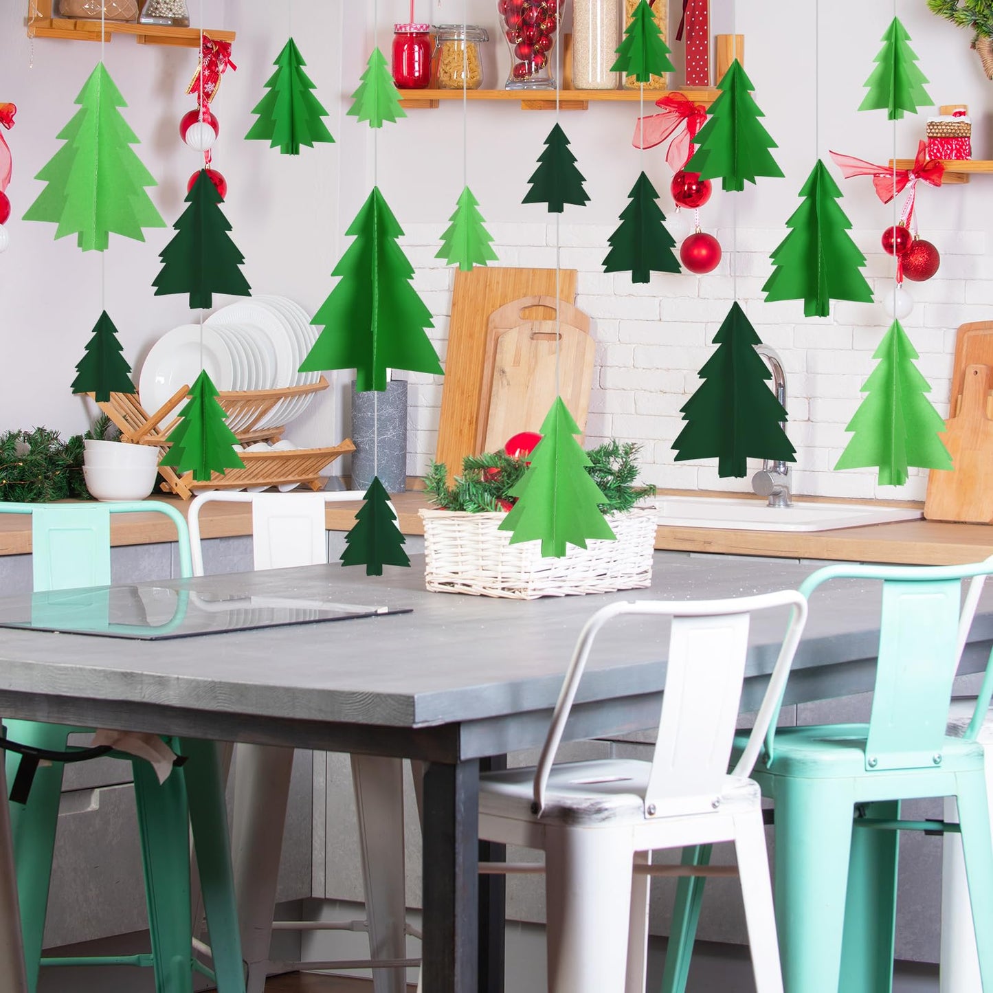 JarThenaAMCS 18Pcs 3D Christmas Tree Hanging Decorations Green Xmas Tree Paper Hanging Ornaments with String for Winter Home Party Wall Ceiling