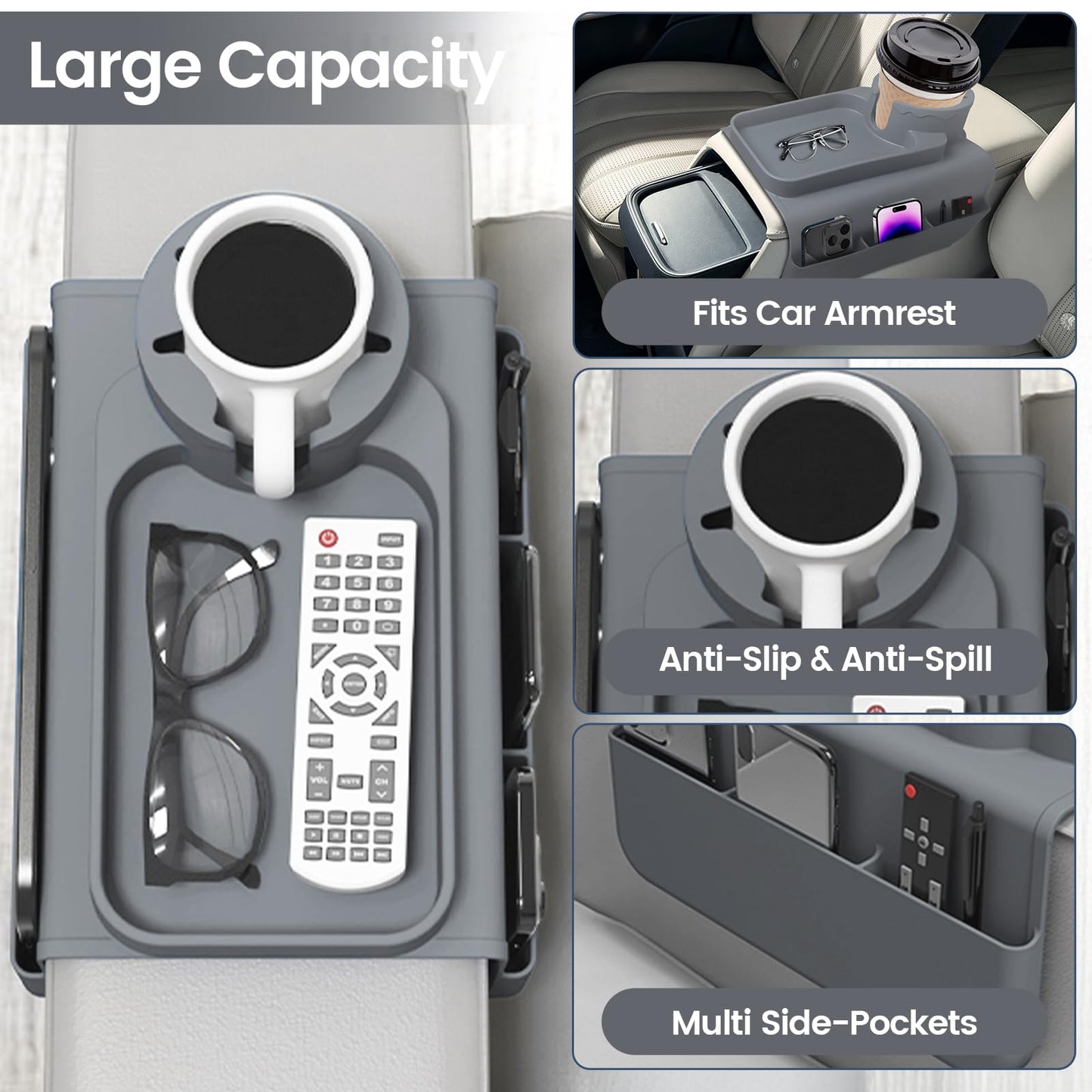 PANZIYU Couch Cup Holder Tray, Silicone Sofa Armrest organizer with Assesory Side Pockets for storage Remotes, Cell-phone,Tablet or Snack, Anti-Spill and Anti-Slip Couch Drink Holder Caddy(Gray)