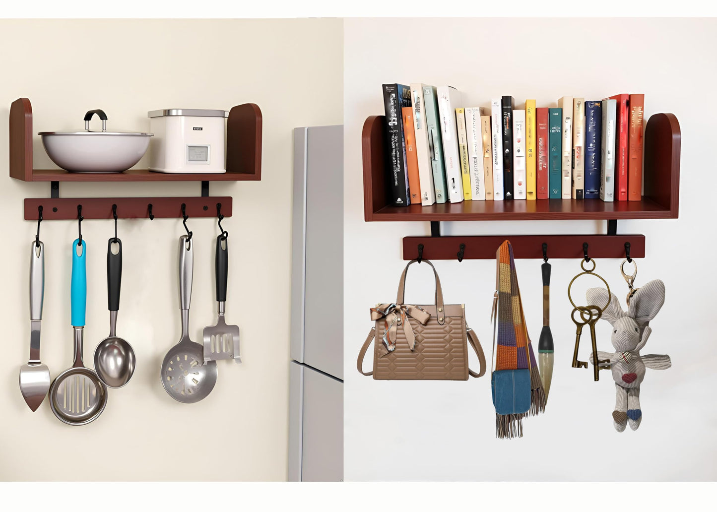 RichArrive Selling at a Loss Promotion,Wooden Shelf with Hooks - Multipurpose Organizer for Kitchen, Books, Kitchen Shelf - Wall Mounted Natural Wood Storage Rack for Home，Floating Book Shelves