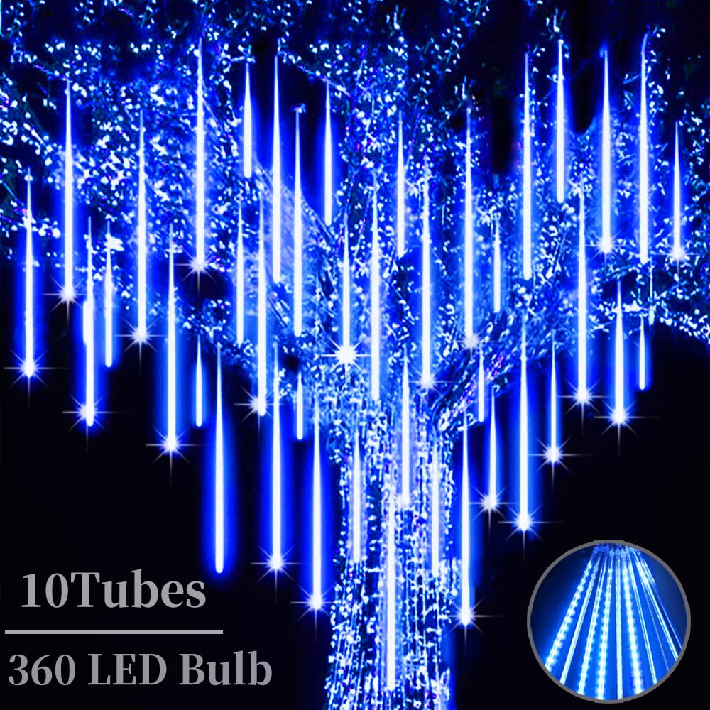 Roytong Christmas Meteor Shower Lights Outdoor - 12 Inch 10 Tube 360 LED High Brightness Falling Rain Icicle Cascading Lights for Xmas Tree Eaves Patio Decor (Can Connect 100 Sets)