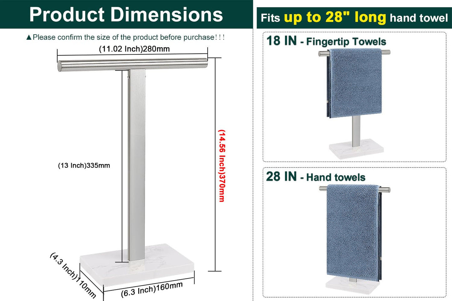 BathAce Hand Towel Holder, T-Shape Hand Towel Stand for Bathroom, Hand Towel Rack Bar Standing for Vanity Kitchen Countertop, 304 Stainless Steel (Marble Base, Brushed)