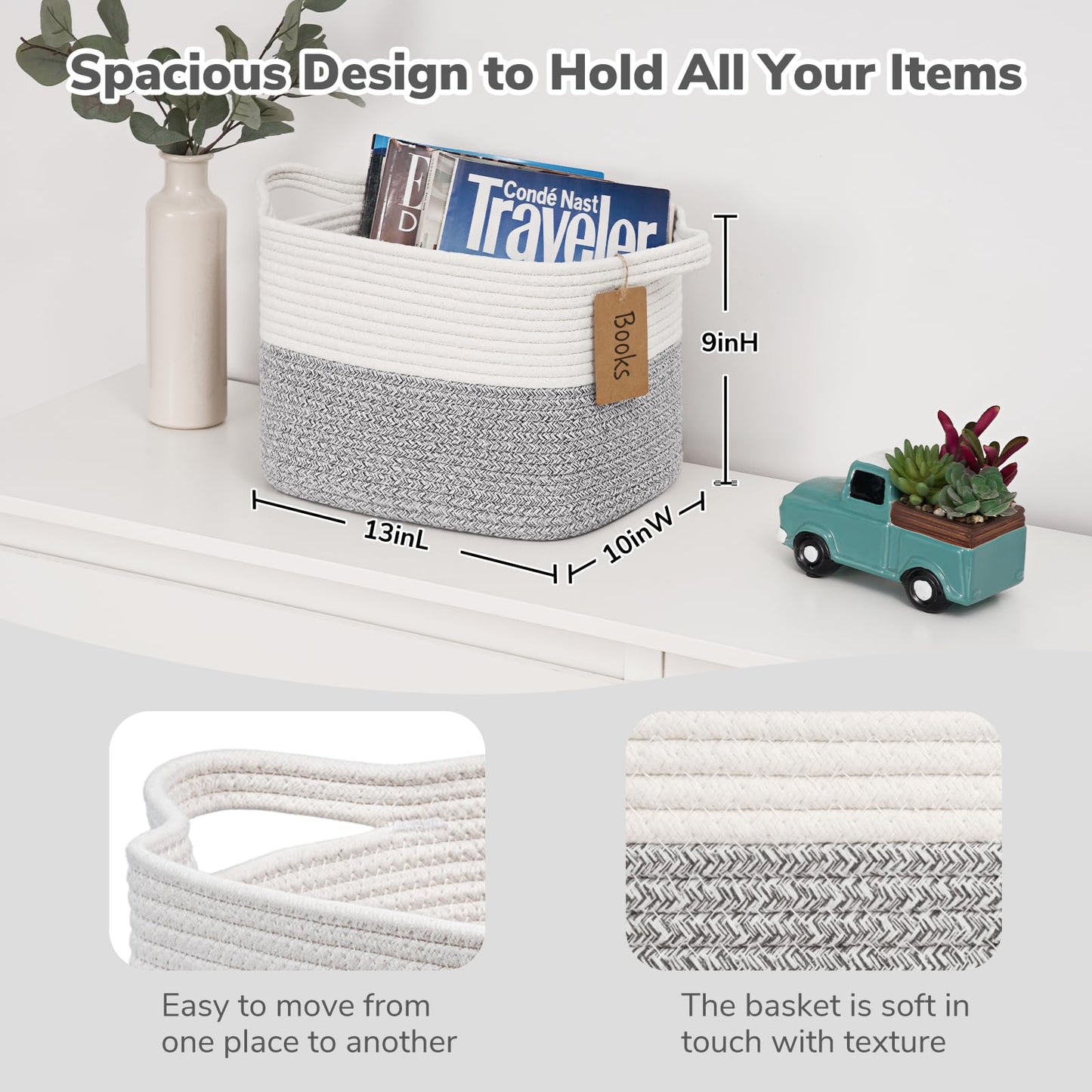 Goodpick Woven Storage Basket, Small Laundry Basket for Clothes, Towels and Shoes, Rope Square Gift Organizer with Handles, Gray and White, 13 x 10 x 9 Inches