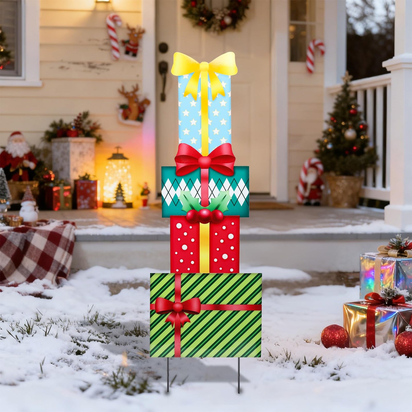 Bshine Outdoor Christmas Decoration Yard Sign, 41.5" Box Metal Stakes, Stackable Gift Boxes for Holiday Home Xmas Outdoor Garden, Lawn, Patio, Porch Decor, 4 Pack