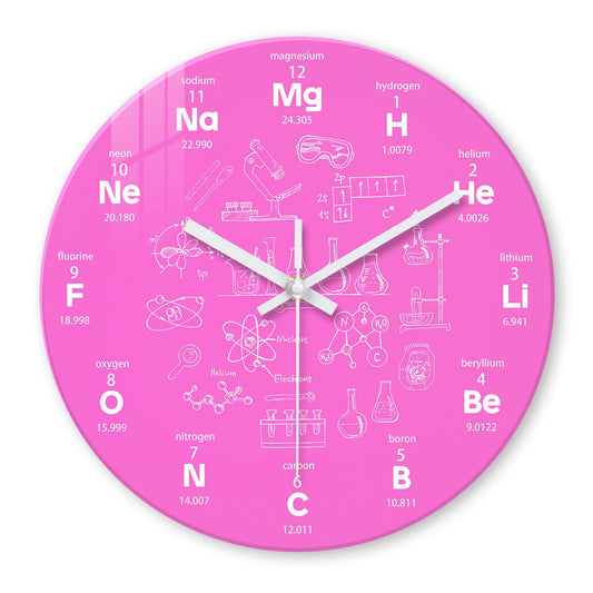 XNM Pink Chemical Clock for Girls Bedroom Wall Clocks Battery Operated Round Glass Analog Science 12 Inch Silent Wall Clock