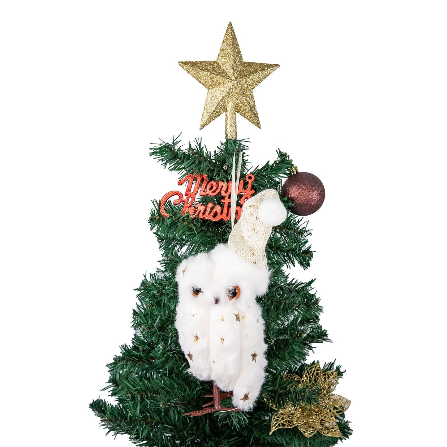 Cartanfill-Christmas Tree Owl Ornaments Set with Gold Star Topper, Plush Decorative Winter Birds, Pink Mint Brown White (A 2PC)
