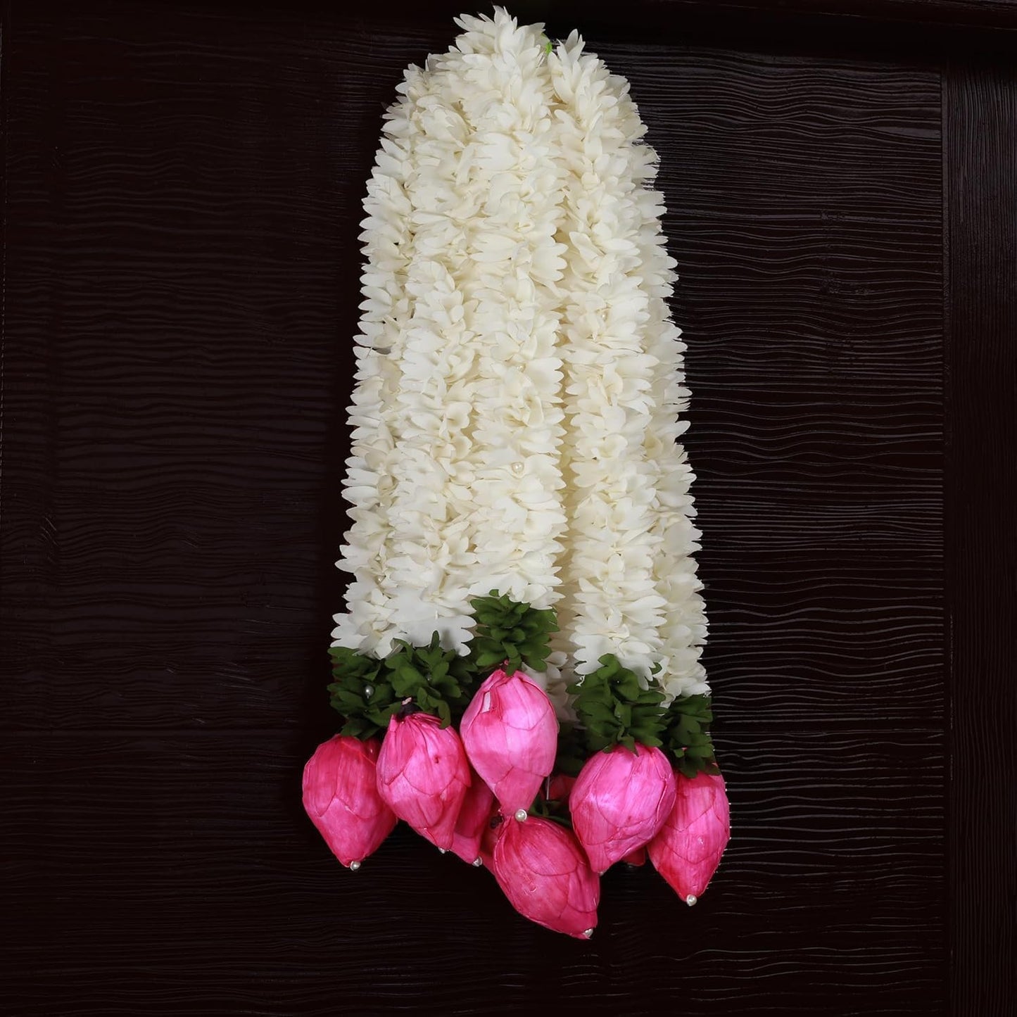 Set of 5 Artificial Jasmine Garland Toran with Lotus Buds, 13 Inch Strings Jasmine Garland Toran with Lotus Buds for Pooja Decoration Wall Hanging for Ganesh Chaturthi, Diwali & Festive Decor