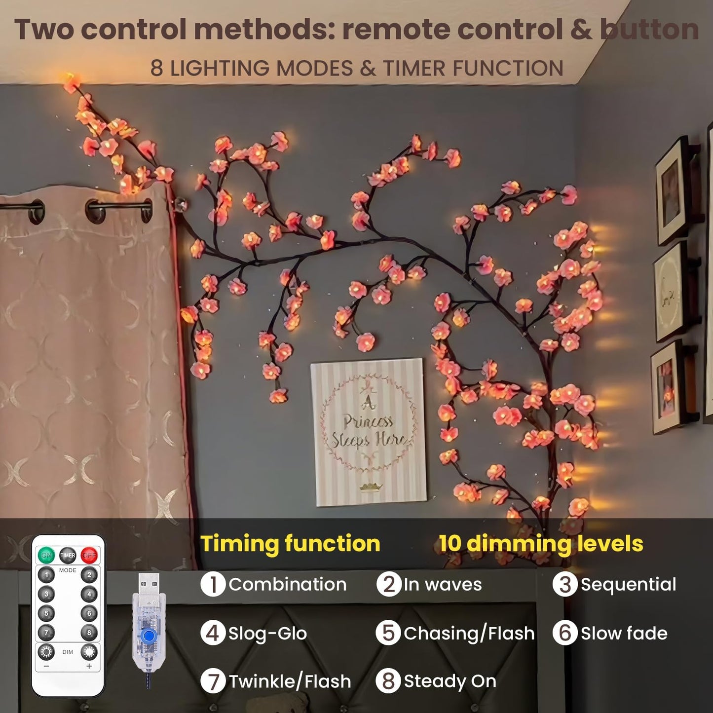 Cherry LED Tree Branch Lights for Wall, Cherry Blossom Willow Vine Twig Decor Garland with 48 LED Lights and Remote,8 Lighting Modes,Christmas Decorations Indoor for Home Wall Door Window (47inch)