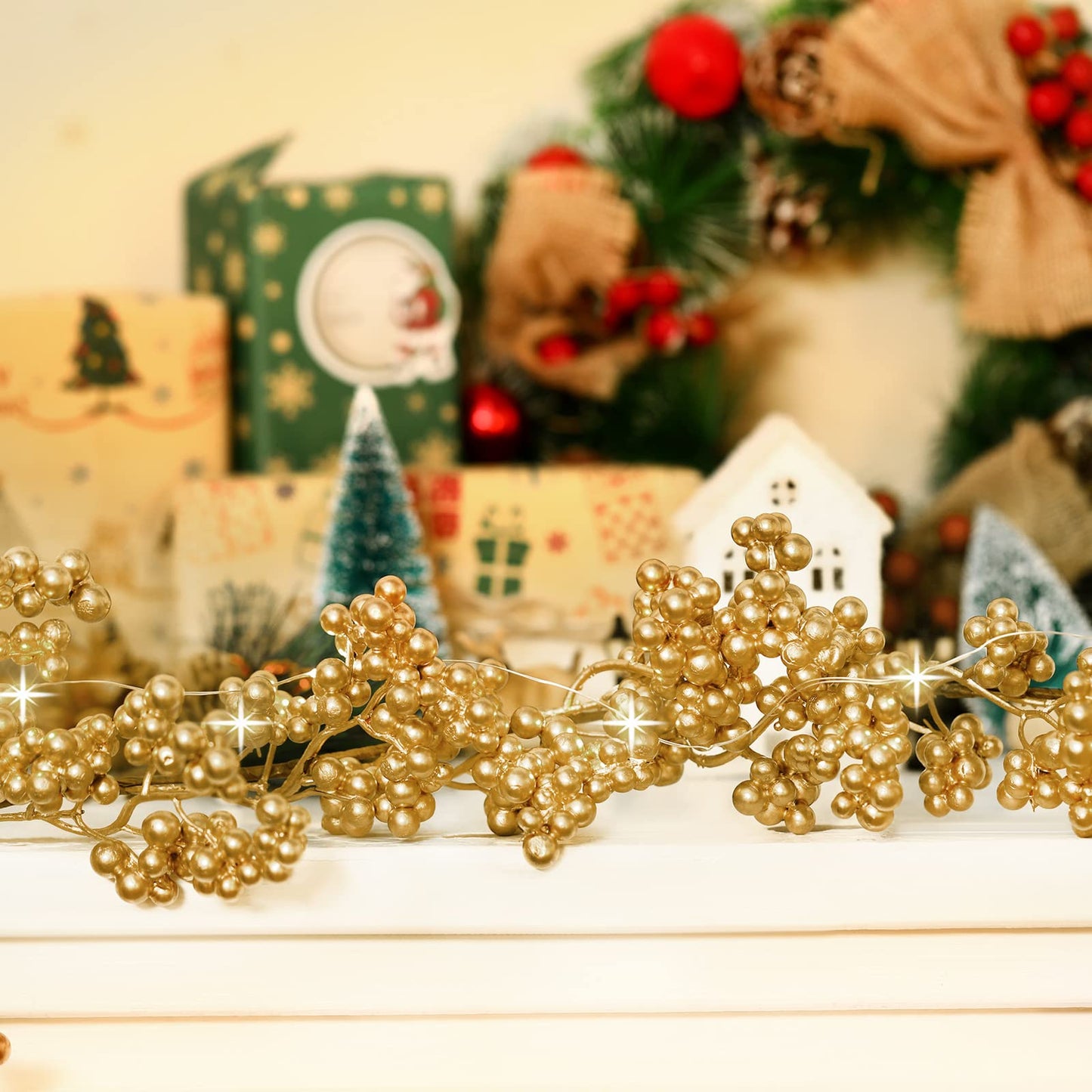 Syhood Christmas Berry String Garland with Lights Thanksgiving Artificial Lighted Garland for Xmas Winter Tree Decor Home Office Fireplace Mantel Decoration Holiday Valentines, 6 ft(Gold,1 Pc)