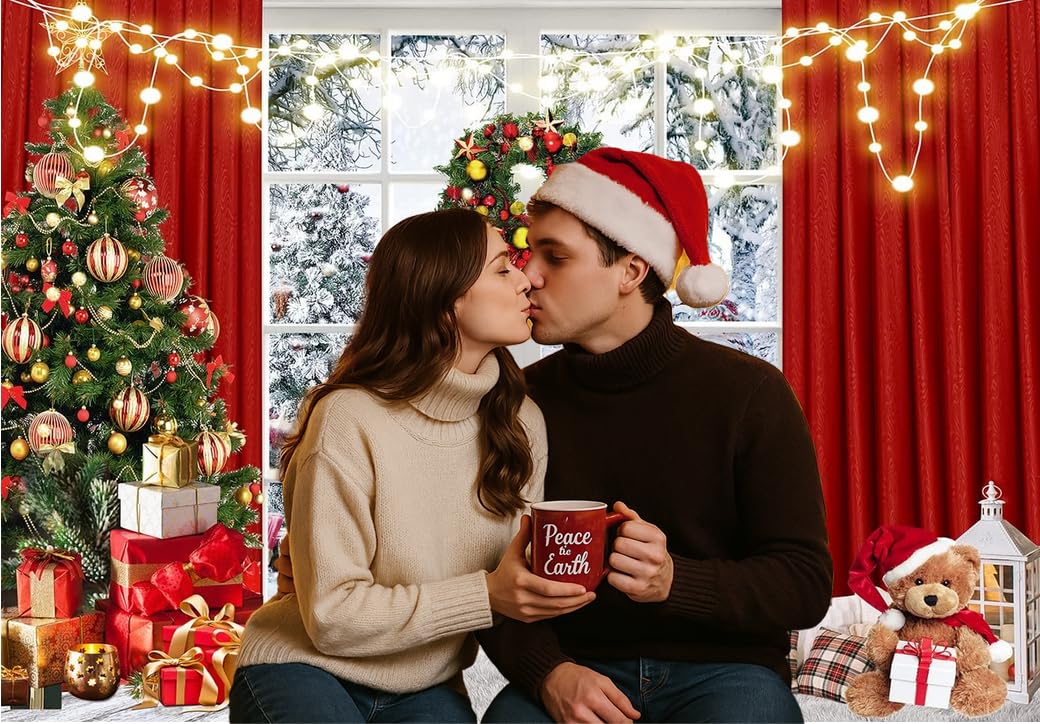 Christmas Window Backdrop 7x5ft Red Curtain Photography Backdrop Winter Xmas Party Banner Decorations Background Xmas Holiday Party Photo Booth D649