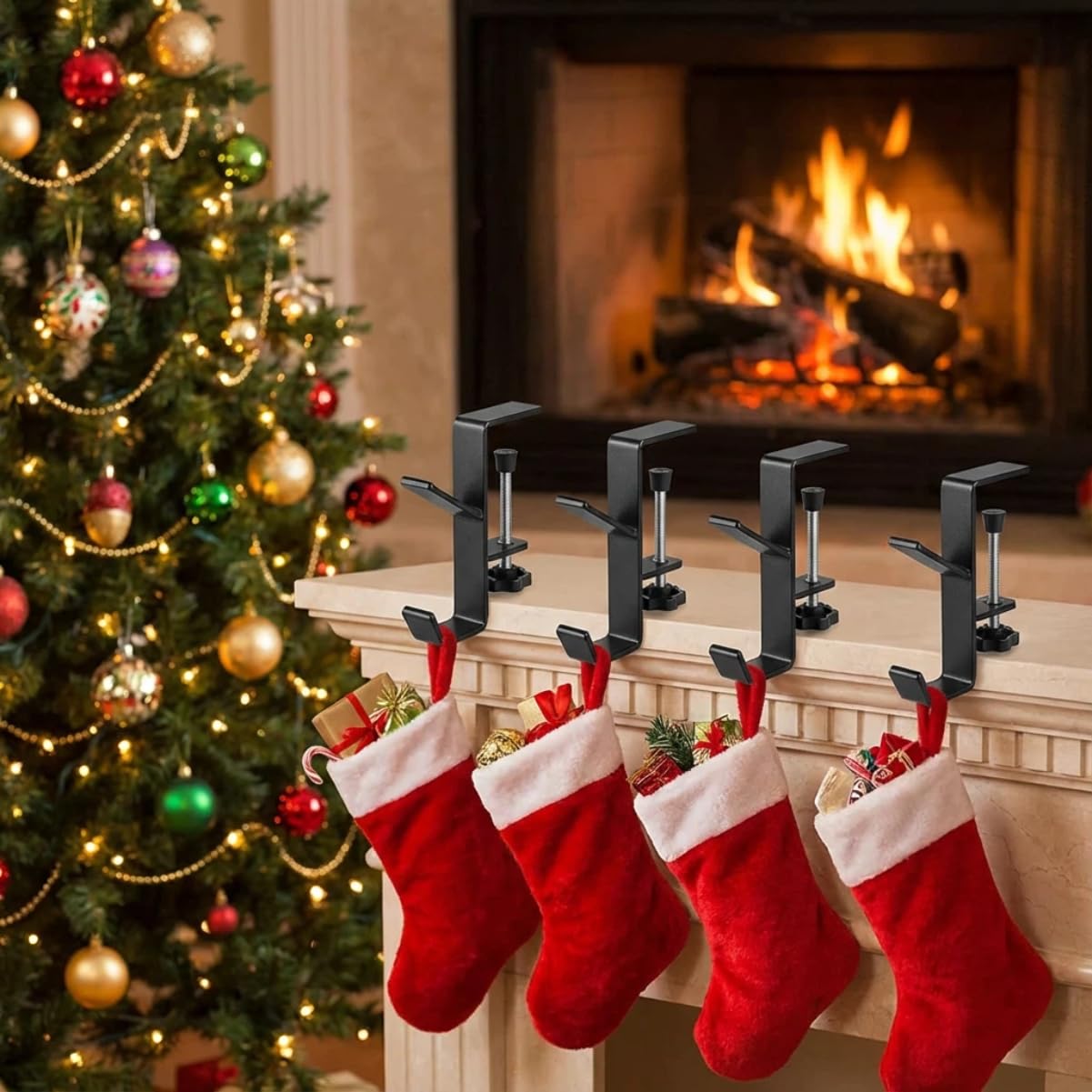 Stocking Holders for Mantle，Garland Hangers for Mantle，Fireplace Stocking and Garland Hanger，4pcs 2-in-1 Adjustable Non Drilled Wall Stove Hook for Christmas Day Home Decoration Metal (Black)