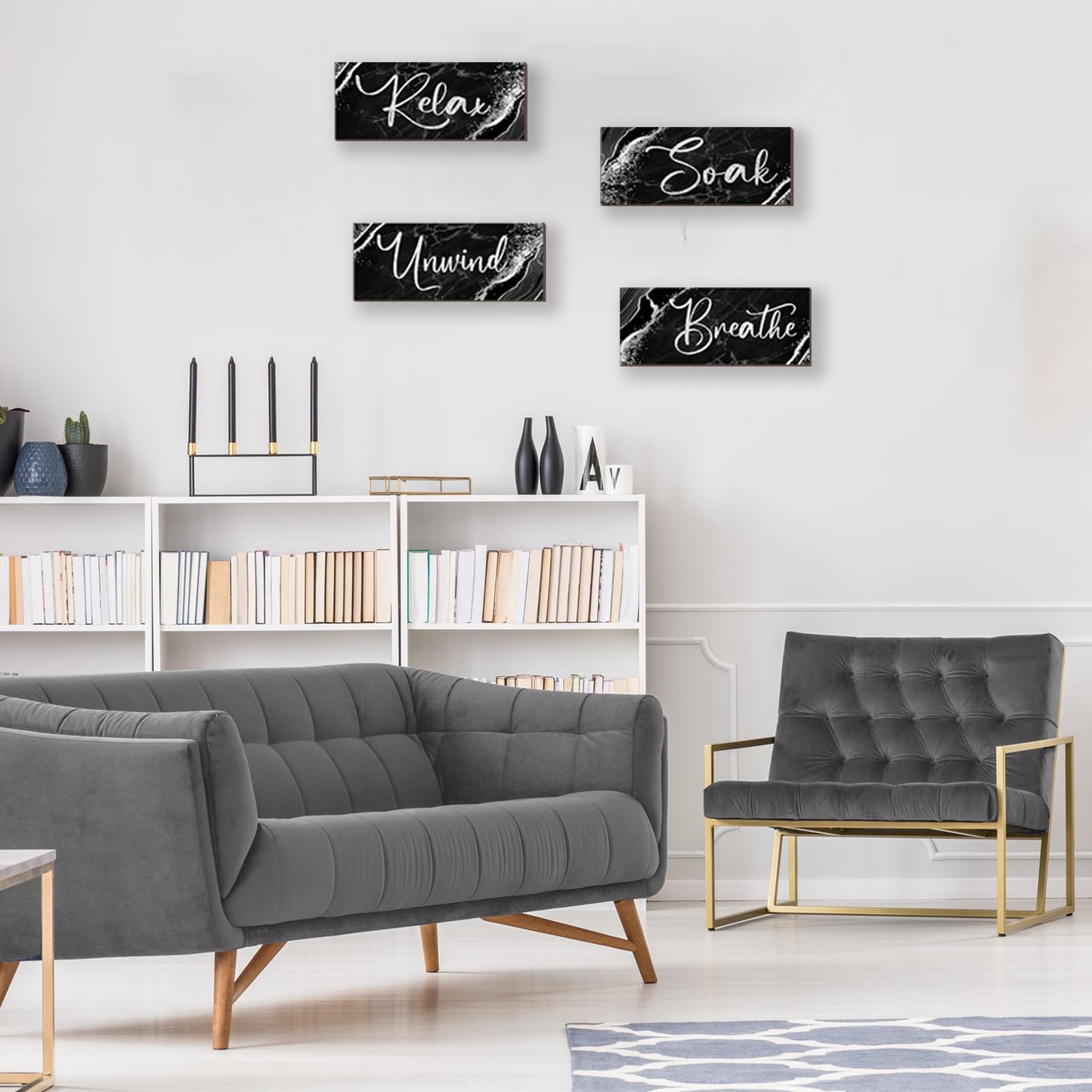 ONIZHITY 4 Pcs Black And Silver Bathroom Decor Wall Signs Relax Soak Unwind Breathe Wooden Rustic Marble Style Bathroom Accessories for Bedroom Living Room Kitchen Decoration(Black Silver 10X4")