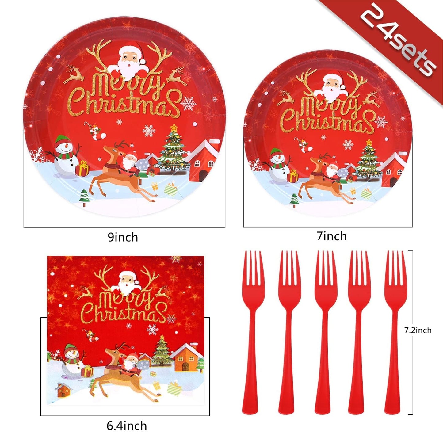 LOOWVY Christmas Paper Plates and Napkins Set, Christmas Plates Cups Napkins Forks Tablewares Party Supplies Serve 24