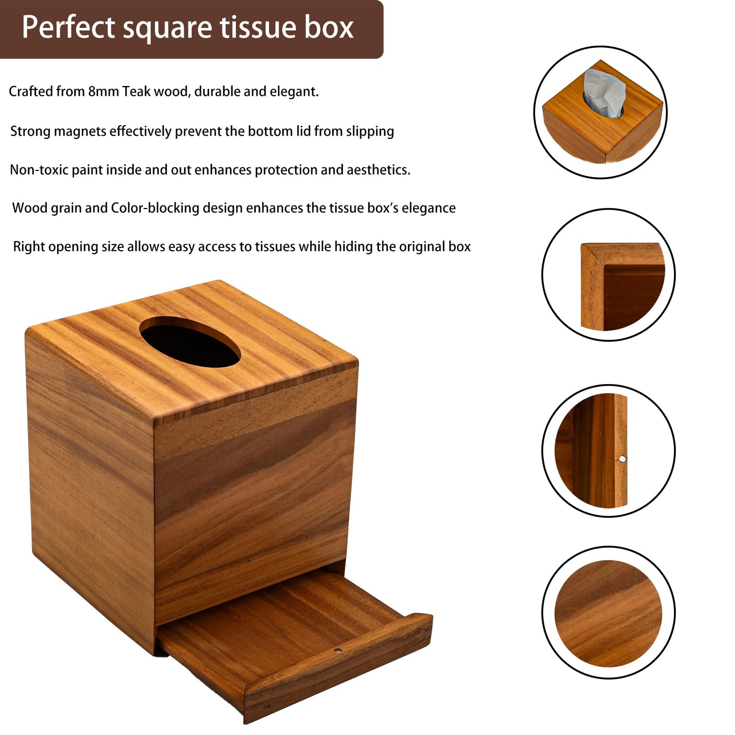 Chicvilla Tissue Box Cover Square, Teak Wood Tissue Box Holder with Slide-Out Bottom, Wooden Tissue Box Cover Cube for Bathroom, Bedroom, Dinner Table, 5.5 x 5.5 x 6.1 inches