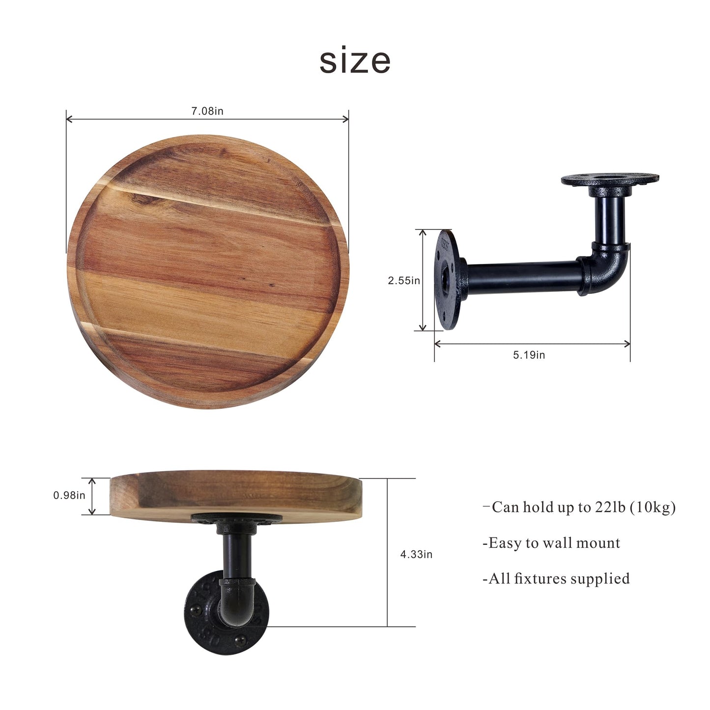 Un-OPENED BOX Round Wooden Floating Shelves Wall Mounted (Set of 2). Made of Acacia Wood. Industrial Pipe Brackets. A Unique Rustic Pedestal for Plants and Ornaments. Diameter 7.1 inches.