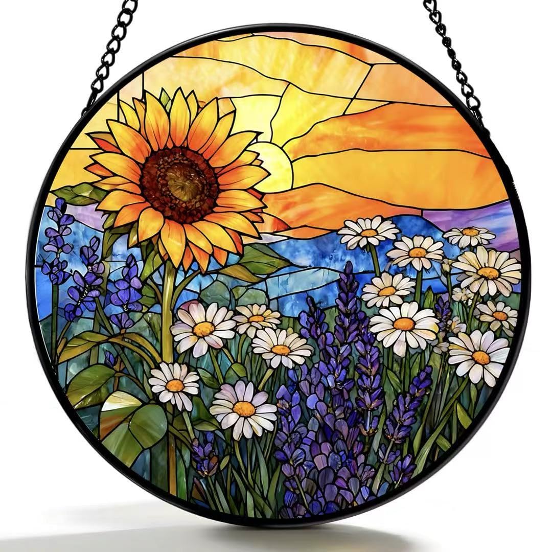 Argodaze Stained Glass Window Hanging - Sunflowers, Daisies, Lavender and Sunset 6.3 Inches Suncatcher for Garden Home Decor for Women Mon Grandma Friends