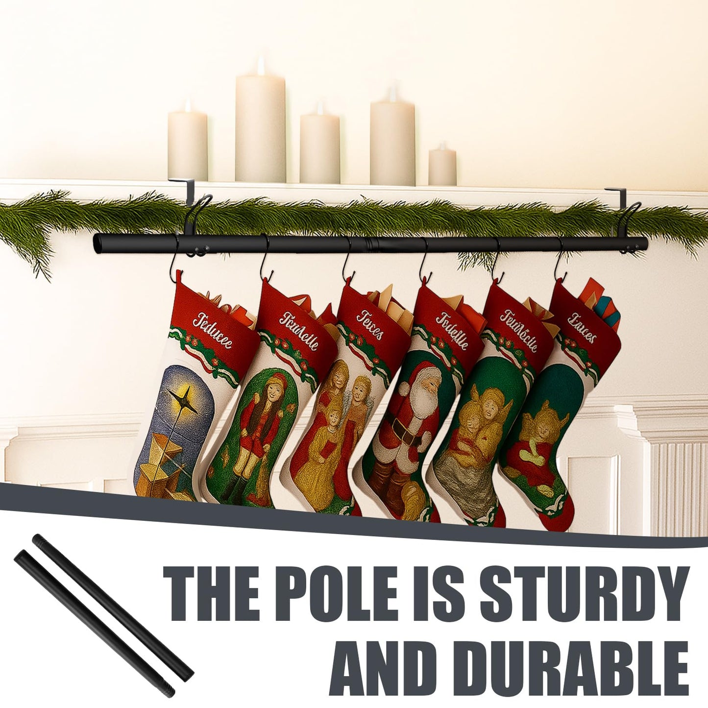 Hoolerry 10 Pcs 3 in 1 Christmas Stocking Garland Hanger for Mantle Fireplace Mantel Garland Hangers with Adjustable Tension Rods Hooks for Xmas Holiday Stocking Wreath Hanging Ornament (Small,Black)