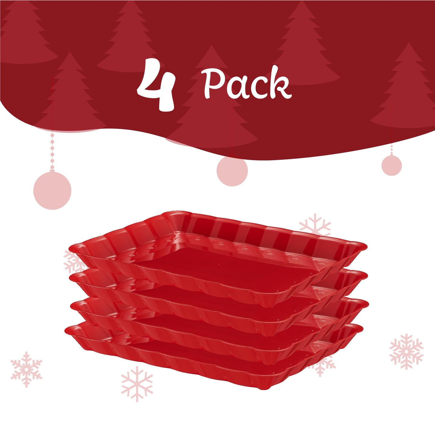 Plasticpro Plastic Serving Trays - Serving Platters Rectangle 9X13 Disposable Party Dish Includes 4 Red Christmas Trays