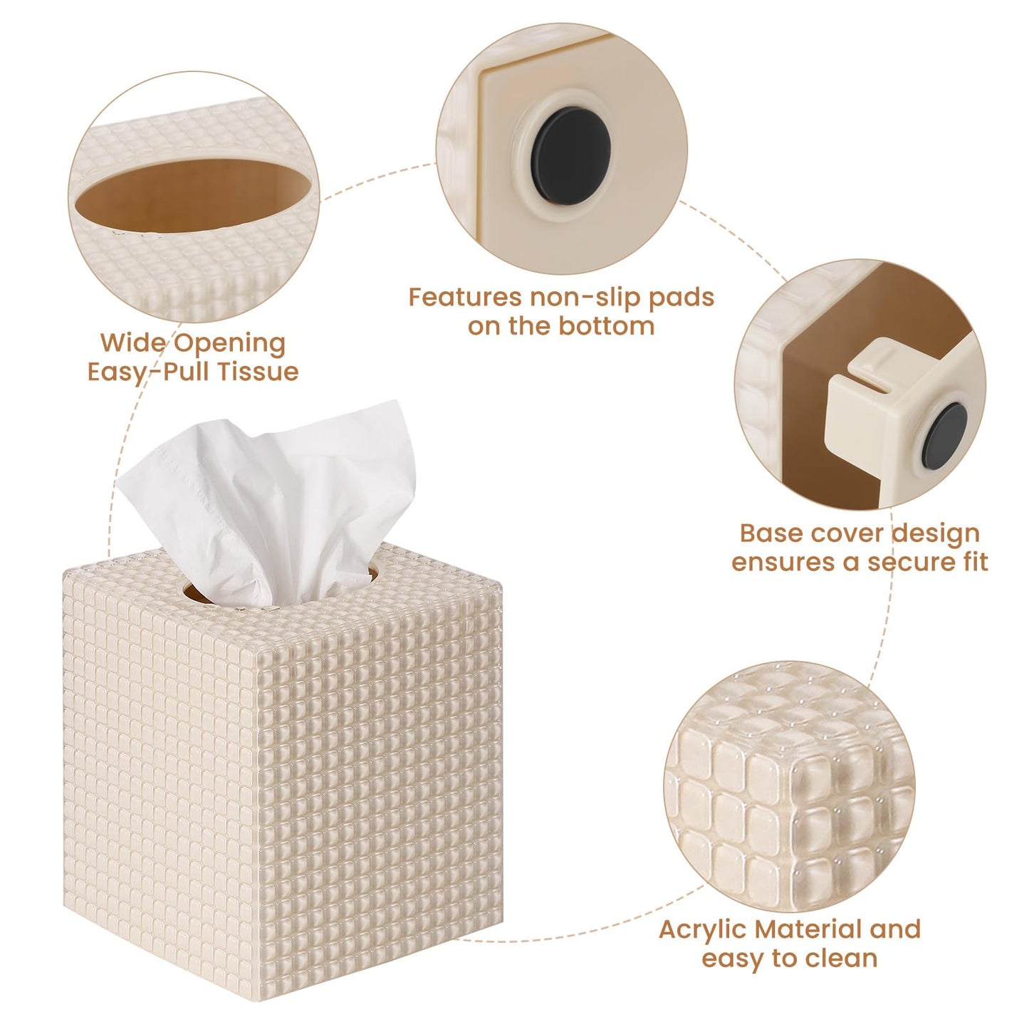 Tissue Box Cover, Square Modern Facial Acrylic Tissue Holder, Aesthetic Cube Napkin Dispenser Accessories for Bathroom Vanity Countertop, Night Stand, Office Beige
