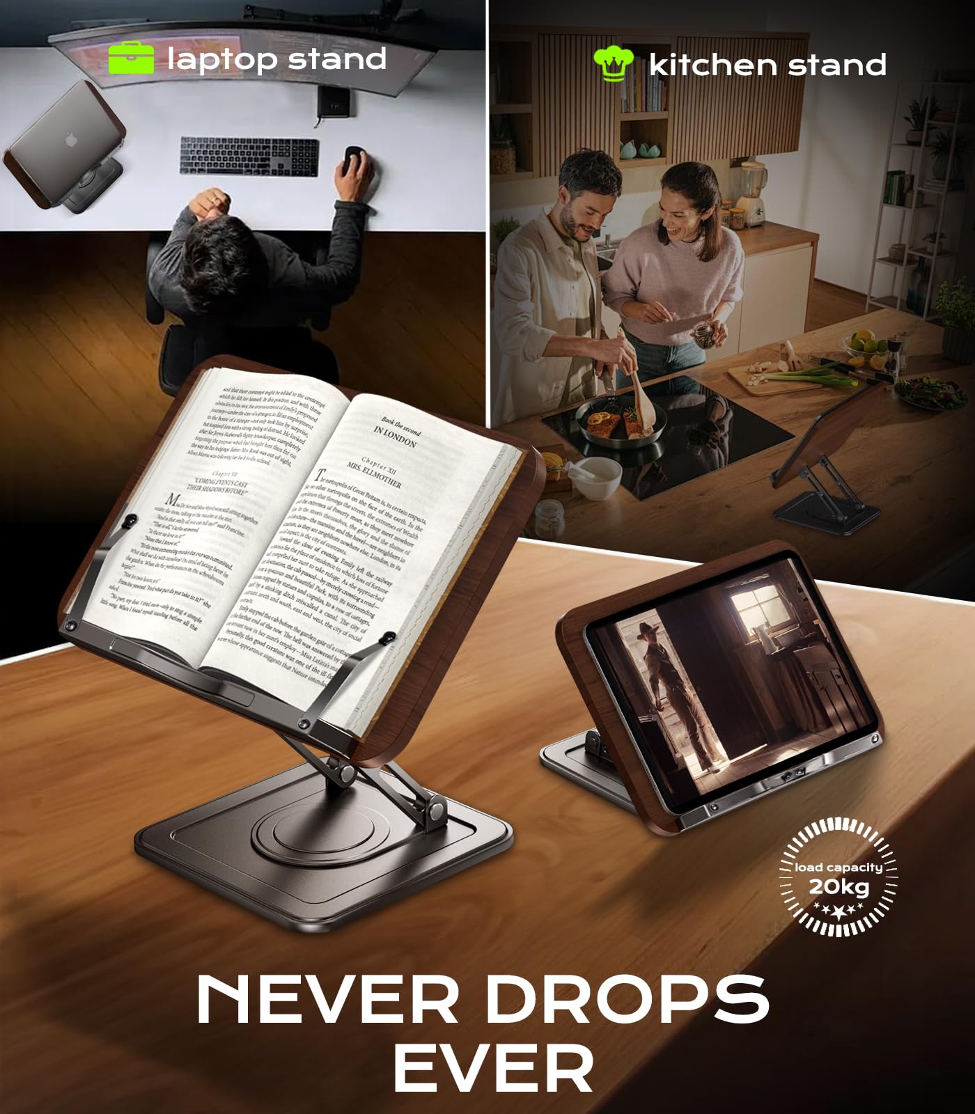 Book Stand for Reading, Adjustable Book Holder with 360°Rotating Bases, Ergonomic Cookbook Stand Recipe Book Holder with Elastic Page Clips for Magazines, Tablets, Laptops,Black