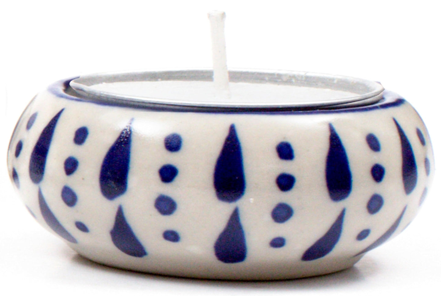 Ceramic Tealight Holder Set of 6 - Hand-Painted Candle Holders with Wax Tealights - Decorative Votive for Home, Party, Wedding, Festive & Gift Décor (White Blue) - ALPHA Living HOME