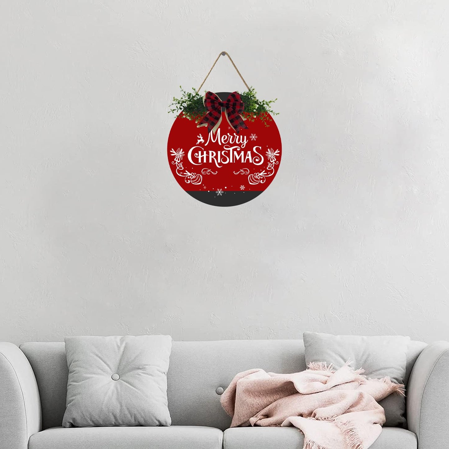 Fenarenes Christmas Welcome Sign for Front Door Decorations Hanging - Christmas Round Wood Sign with Bow for Farmhouse Outdoor Wall Home Decor 12x12 In