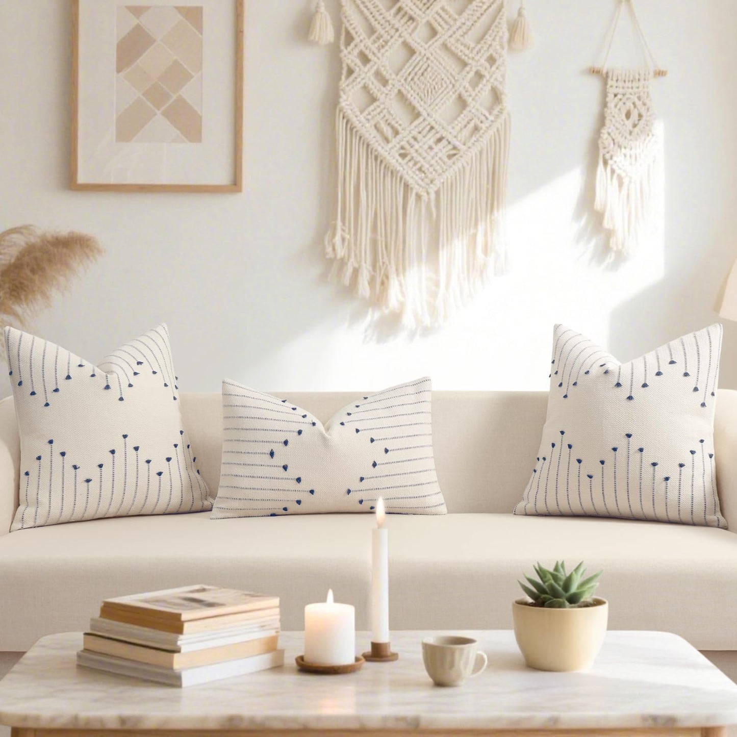 Boho Spring Throw Pillow Covers 18x18 Set of 2 Neutral Woven Decorative Pillowcases Cotton Tufted Couch Pillows Modern Farmhouse Cushion Covers for Sofa Couch Bed Living Room Home Decor, Navy Blue