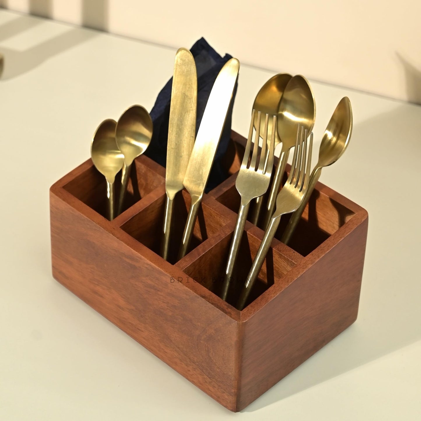 Brick Brown Premium Handcrafted Wooden Spoon stand for kitchen | cutlery holder for dining table | wooden caddy storage organiser stand with 5 section Mahogany Finish(8.75x6x4.5 inch)