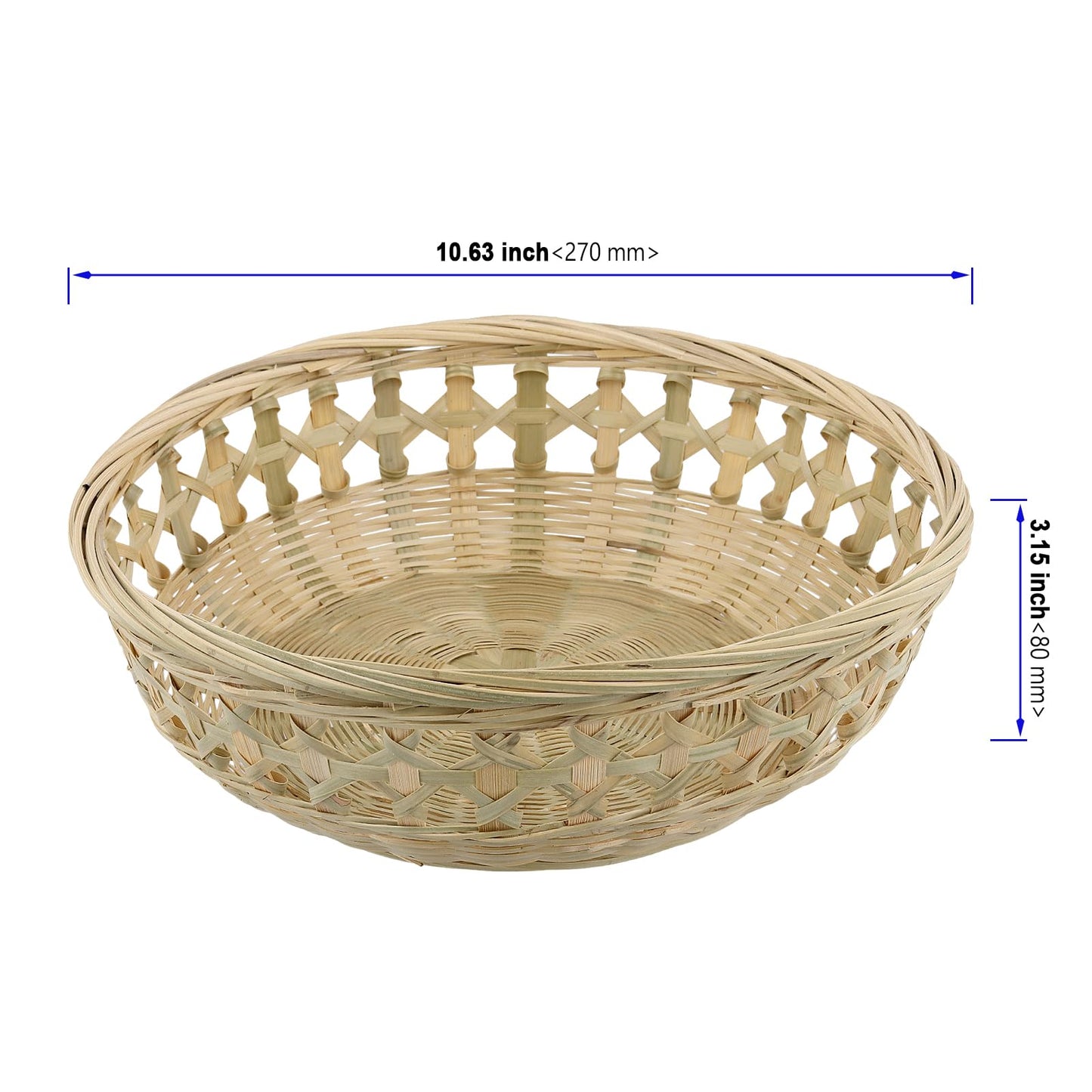 KOHAND 2 Pack Bamboo Baskets, 10.6 x 3.1 Inch Natural Handmade Bamboo Basket, Round Wicker Basket for Picnic, Kitchen, Restaurant, Dinning