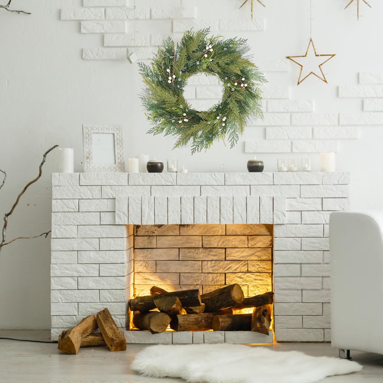 BINFEN 20” Green Faux Pine Christmas Winter Wreath with Cypress Cone, Twig & White Berry – Mixed with Real Look Fake Cedar & Spruce, Xmas Wreaths for Front Door Porch Mantel & Fireplace