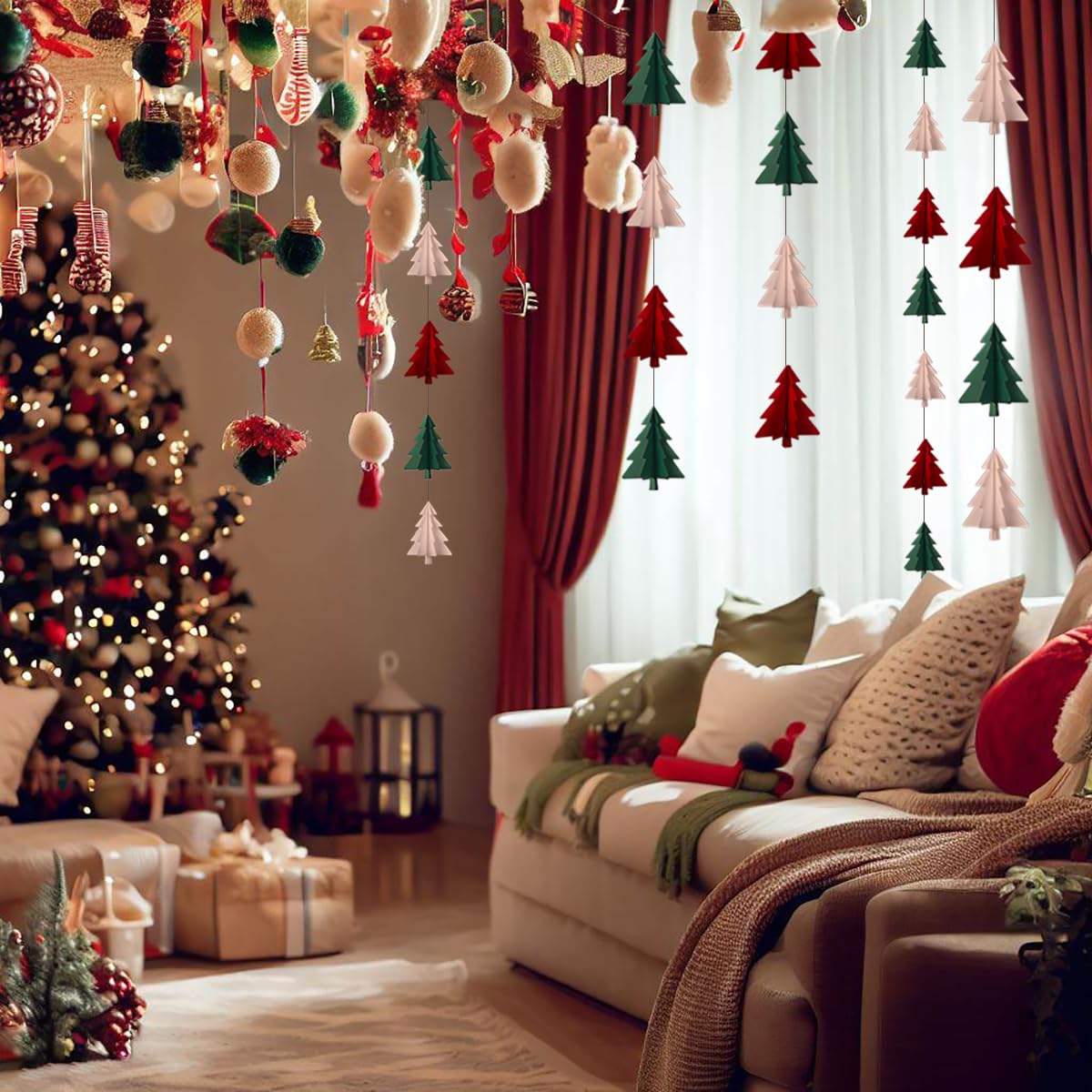 Red White Green Christmas Decorations - 2Pcs 3D Christmas Tree Paper Streamers Party Banner Garland Hanging Decor