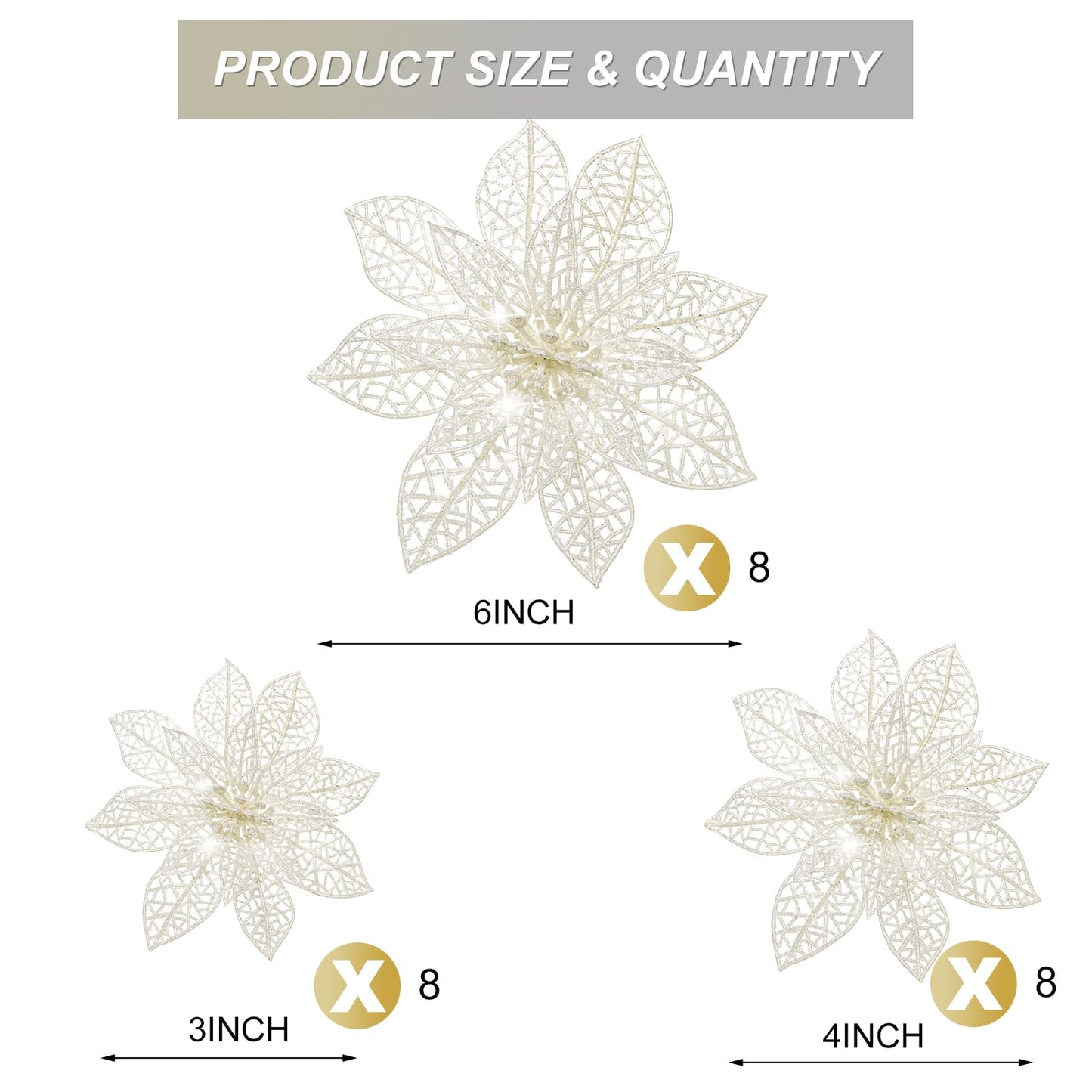 Boao White 24 Pieces Poinsettia Flower Christmas Glitter Artificial Poinsettia with Clips Christmas Tree Ornament Decorations for DIY Xmas Wreath Holiday Home Party Decor, 3/4/6 Inches