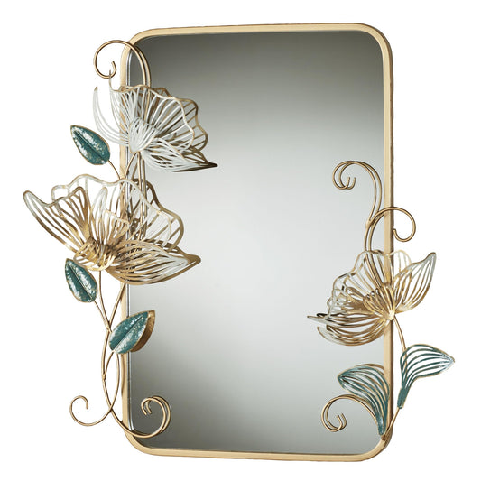 Floral Whisper Wall Mirror | Hand-Finished Metallic Gold with Ivory, Green, and Glitter Details | Rounded Corner Rectangular Panel Wall-Mounted Mirror | Openwork, Layered Flower Blossoms and Leaves