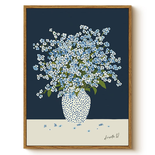 Vintage Framed Floral Wall Art 12x16, Blue White Baby’s Breath Flower in Polka Dot Vase Print, Minimalist Modern Nordic Botanical Canvas Artwork, Entryway Bedroom Kitchen Office Decor