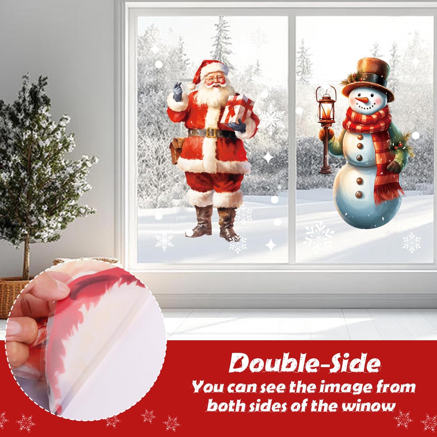 LOKIPA Large Christmas Window Clings, 2 Sheets Extra Large Santa Claus Snowman Window Clings Stickers with Snowflakes for Christmas Decorations