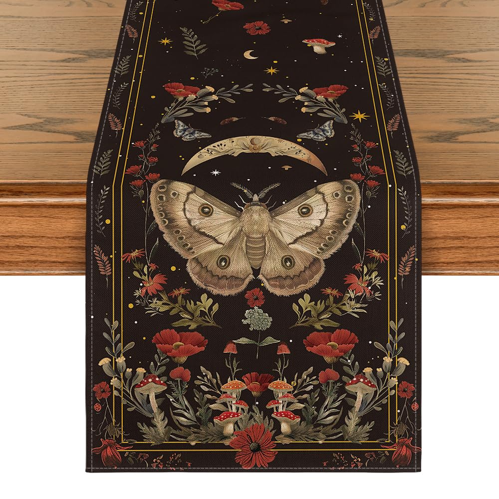 Artoid Mode Poppy Moth Mushroom Moon Fall Table Runner, Seasonal Autumn Kitchen Dining Table Decoration for Home Party Decor 13x72 Inch