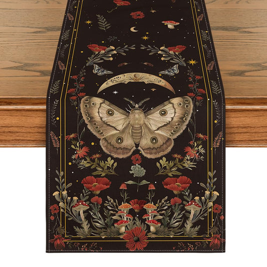 Artoid Mode Poppy Moth Mushroom Moon Fall Table Runner, Seasonal Autumn Kitchen Dining Table Decoration for Home Party Decor 13x72 Inch