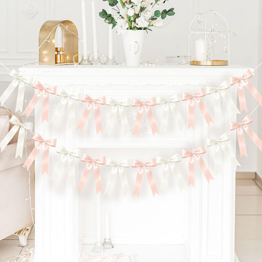 NatNarr 2 Pcs White and Pink Bow Garland, Satin Ribbon Valentines Day Decorations Pre-Strung Bow Garland Party Banner for Wedding Birthday Baby Bridal Shower