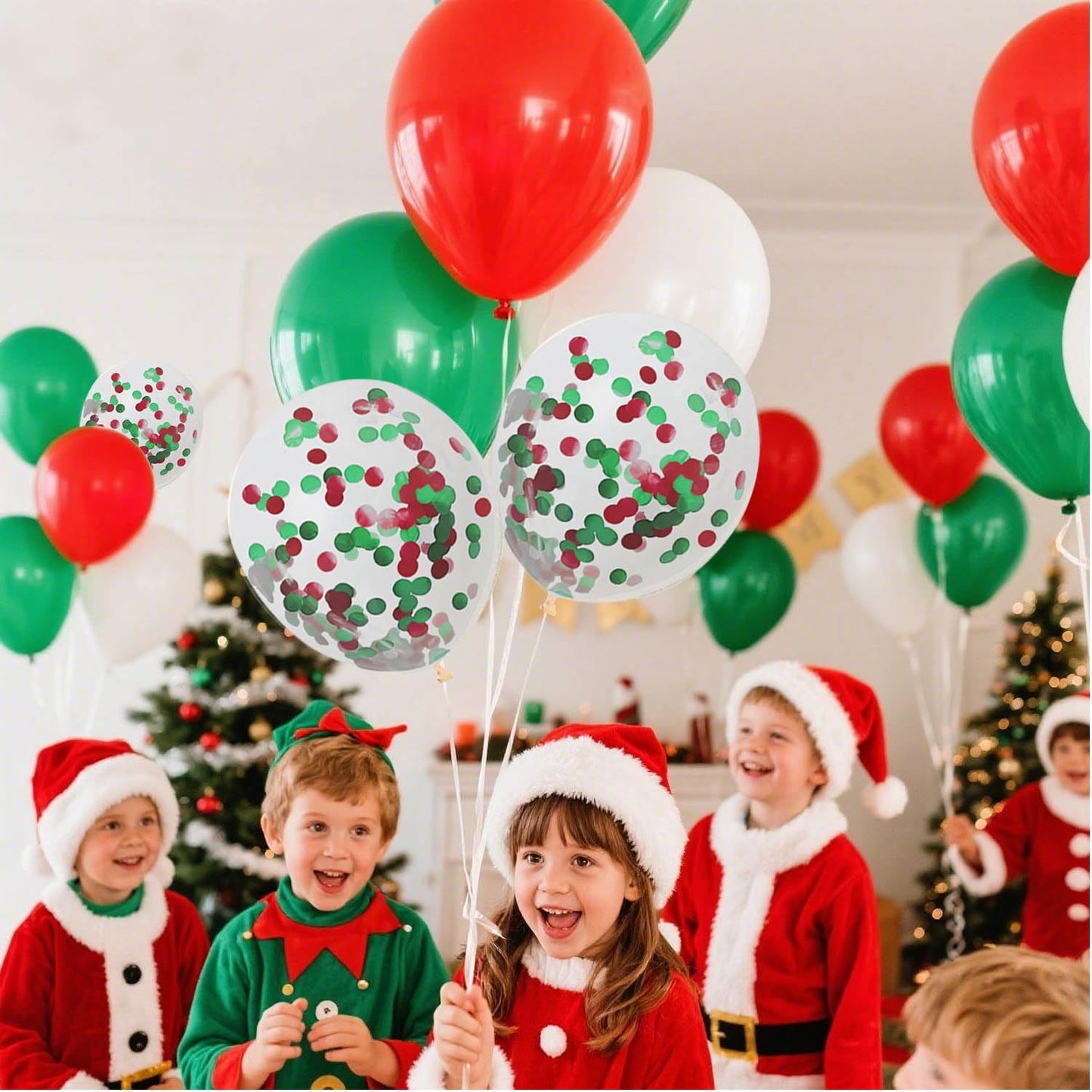 Red White Green 12inch Balloons with Confetti Balloons for Wedding, Birthday, Baby Shower, Christmas, Family Parties Decoration(55Pcs)