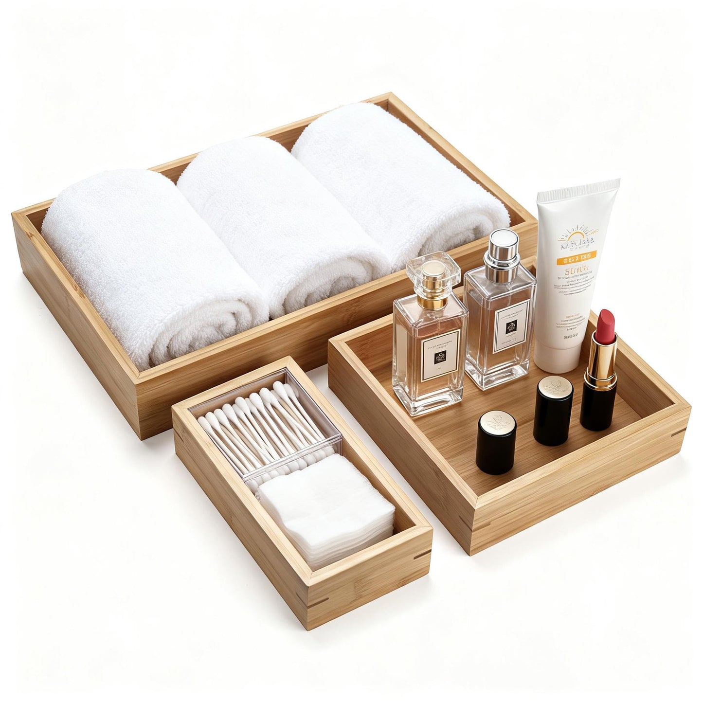 Natural Bamboo Vanity Organizer Set - Wooden Bathroom/Kitchen Countertop Tray, Set of 3