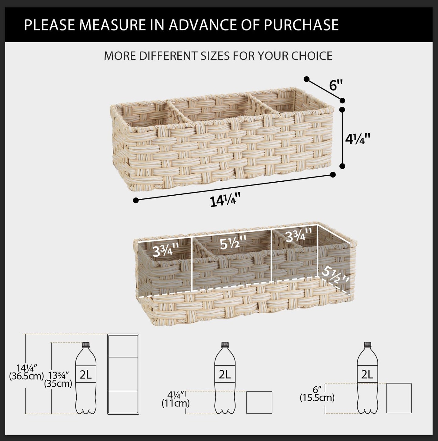 GRANNY SAYS Bathroom Baskets for Organizing, Wicker Basket for Storage, Wicker Baskets for Shelves, Waterproof Back of Toilet Storage Basket, 3 Section Bathroom Organizer Basket, 2-Pack