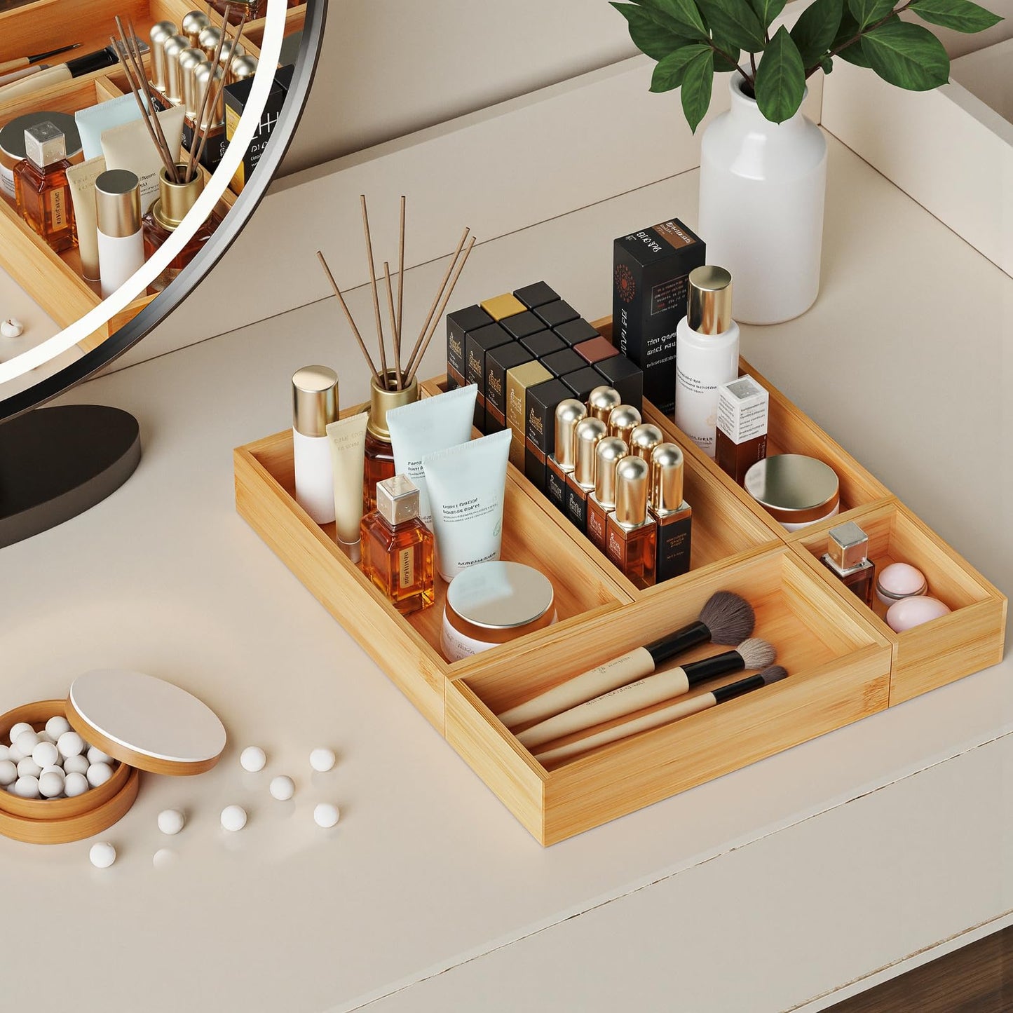 HUCINIUN Bamboo Drawer Organizer Boxes, 5 PCS Junk Drawer Organizer, Wooden Storage Trays for Kitchen, Bathroom, Office, Makeup