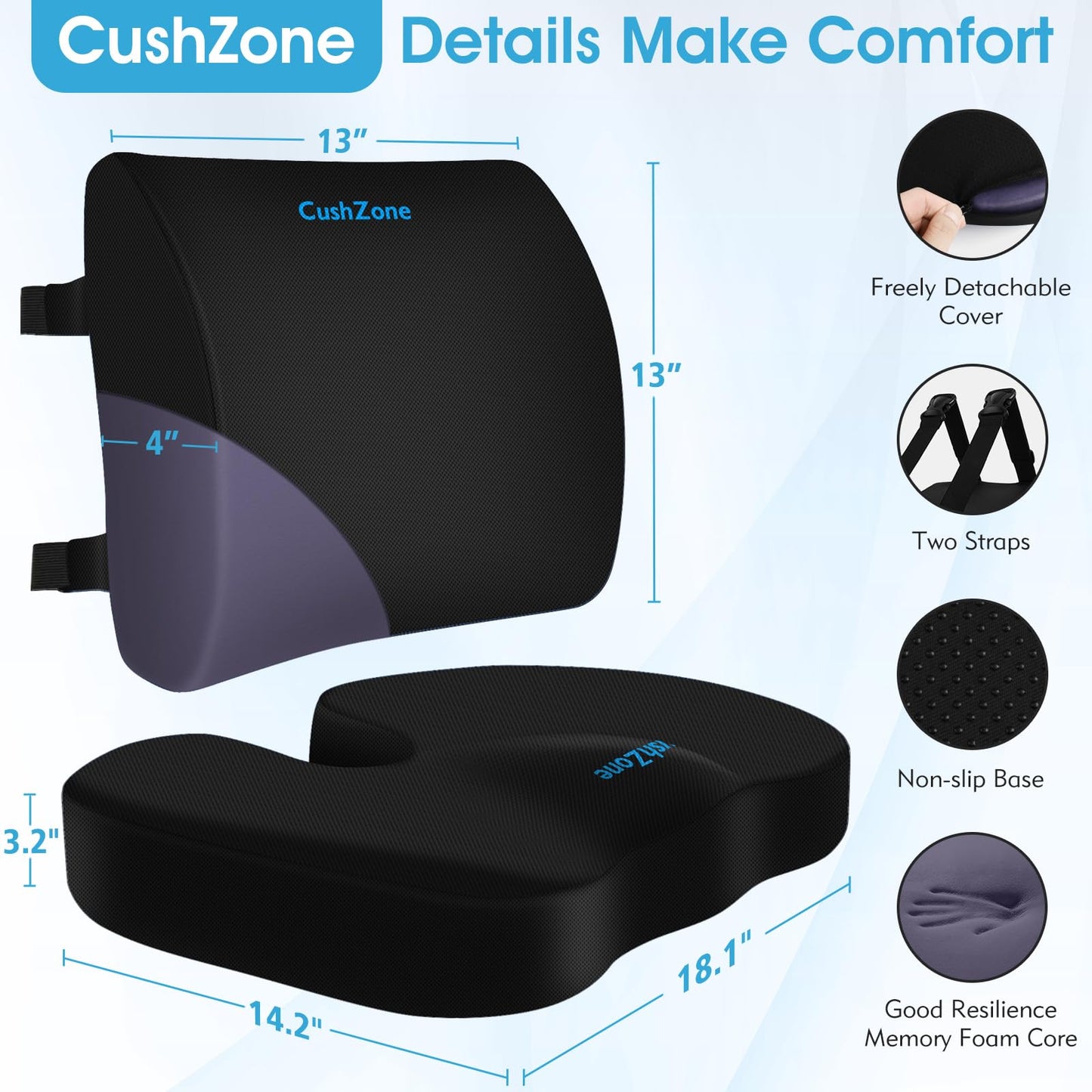 CushZone Ergonomic Seat Cushion & Lumbar Support Pillow - Memory Foam for Sciatica Pain Relief & Posture Correction, Non-Slip Chair Cushions for Office Chair/Car/Wheelchair/Travel (Black)