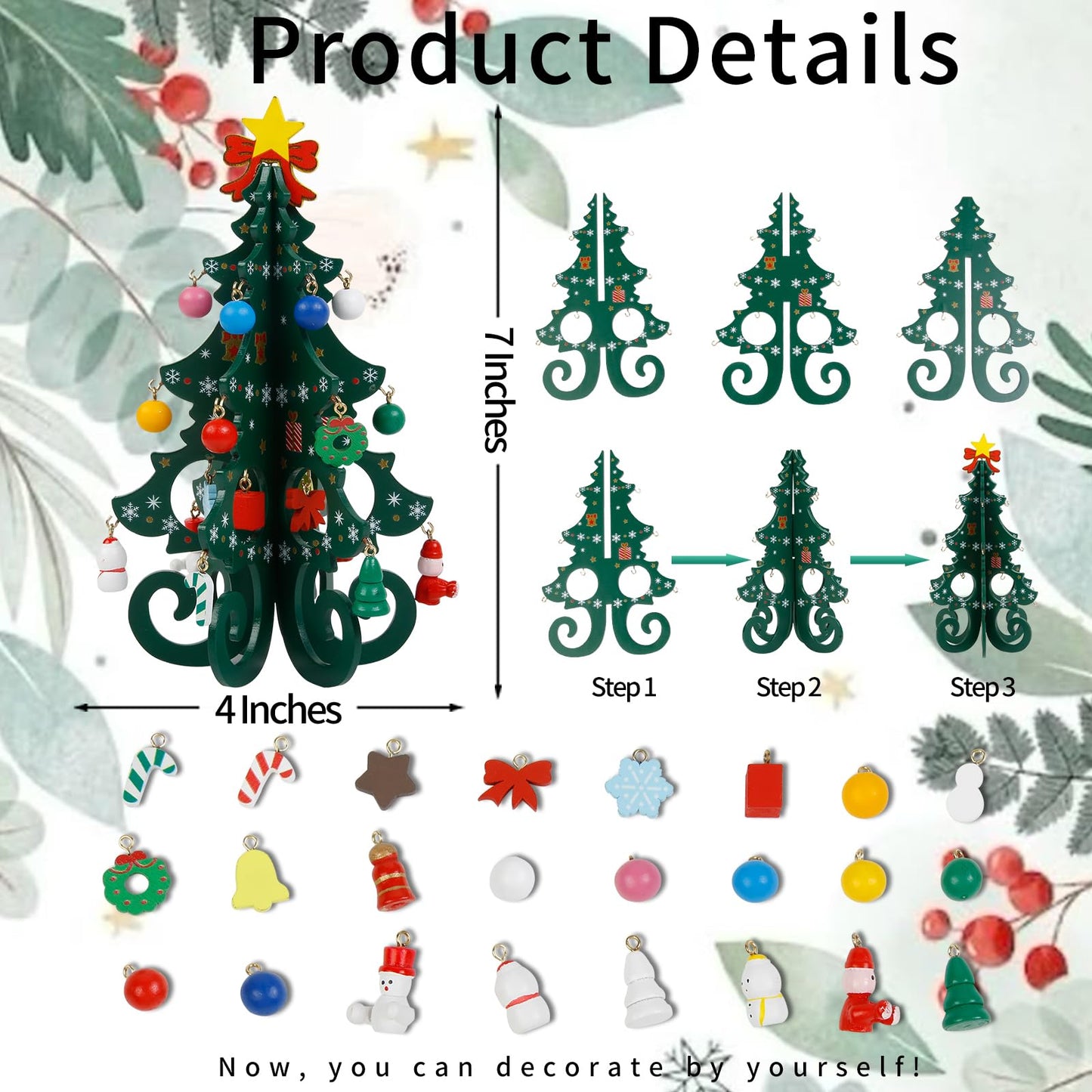 TEBIEKOY DIY Mini Wooden Christmas Tree with Ornaments Set, Cute 7 Inch Small Xmas Tree Kit with 24 Hanging Decorations New Year Parties Supplies, Easy Installing Holiday Craft Gift for Families