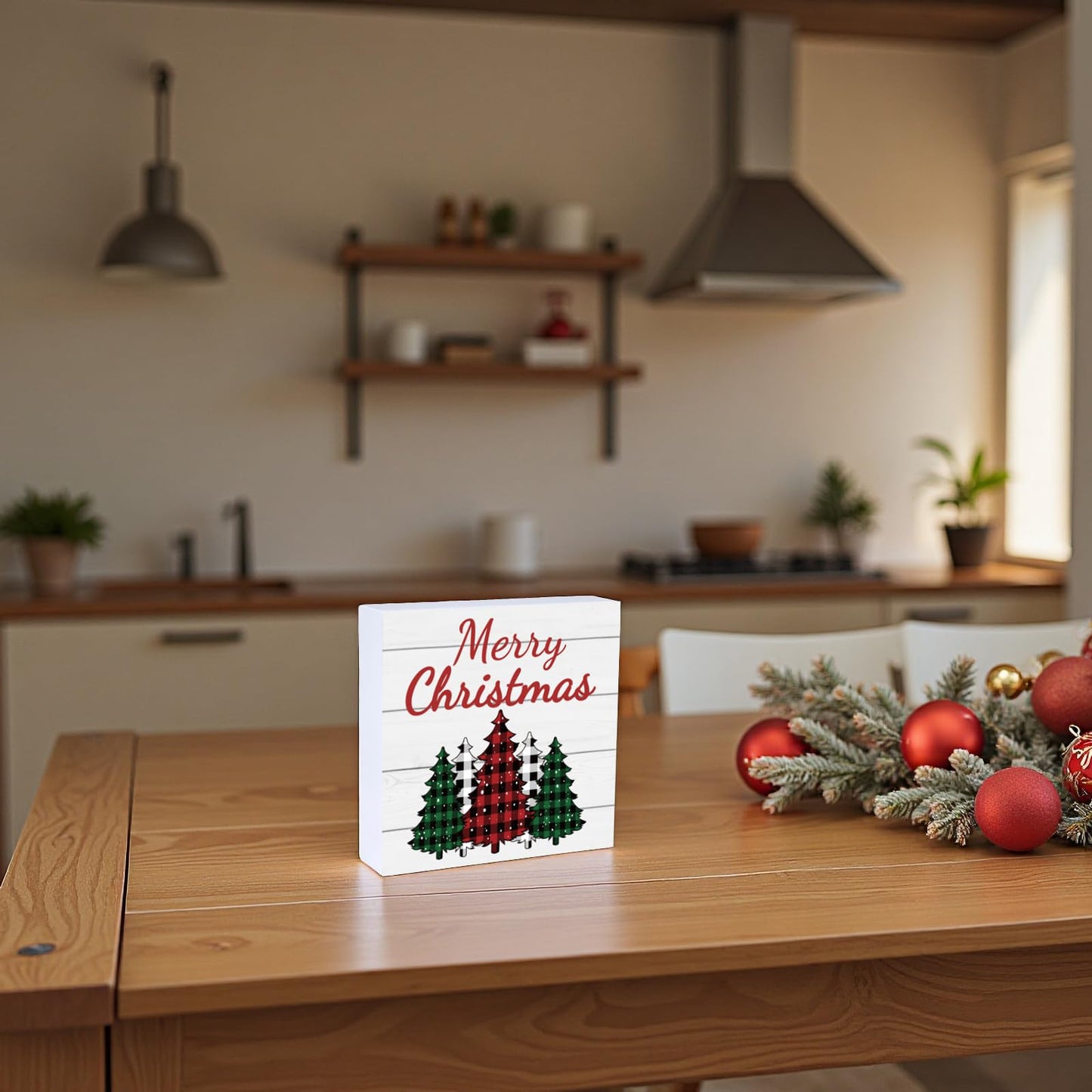 Christmas Decorations Indoor Christmas Decor Table Home Room Buffalo Plaid Tree Office Bathroom Wood Box Sign Rustic Wooden Shelf Desk Decor Season Sign House Warming Gifts 5.9 x 5.9 Inch