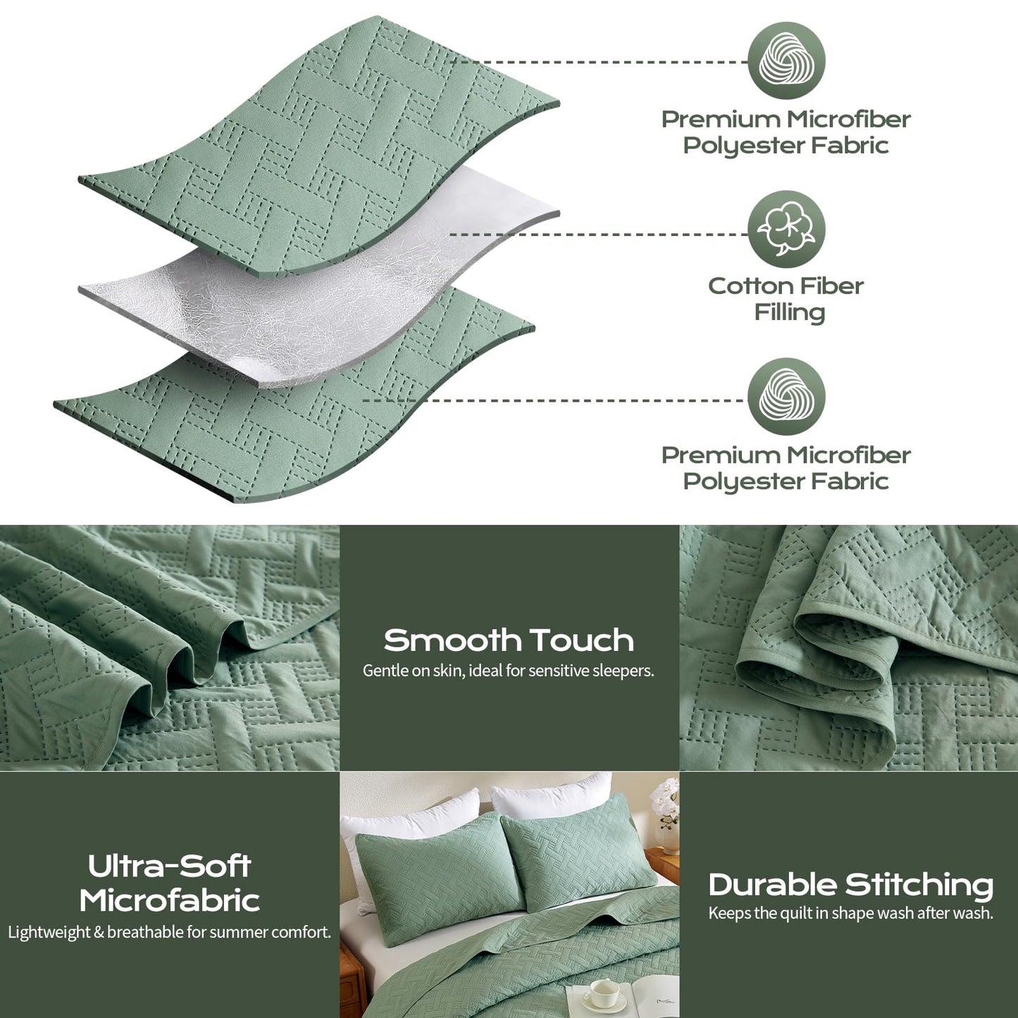 JYHOPE Sage Green Twin Quilt Set 68x90 Lightweight Microfabric Bedspread, 3-Piece Quilt Bedding with Pillow Shams, Summer Cooling Quilts, Ribbon Wrapped Gift