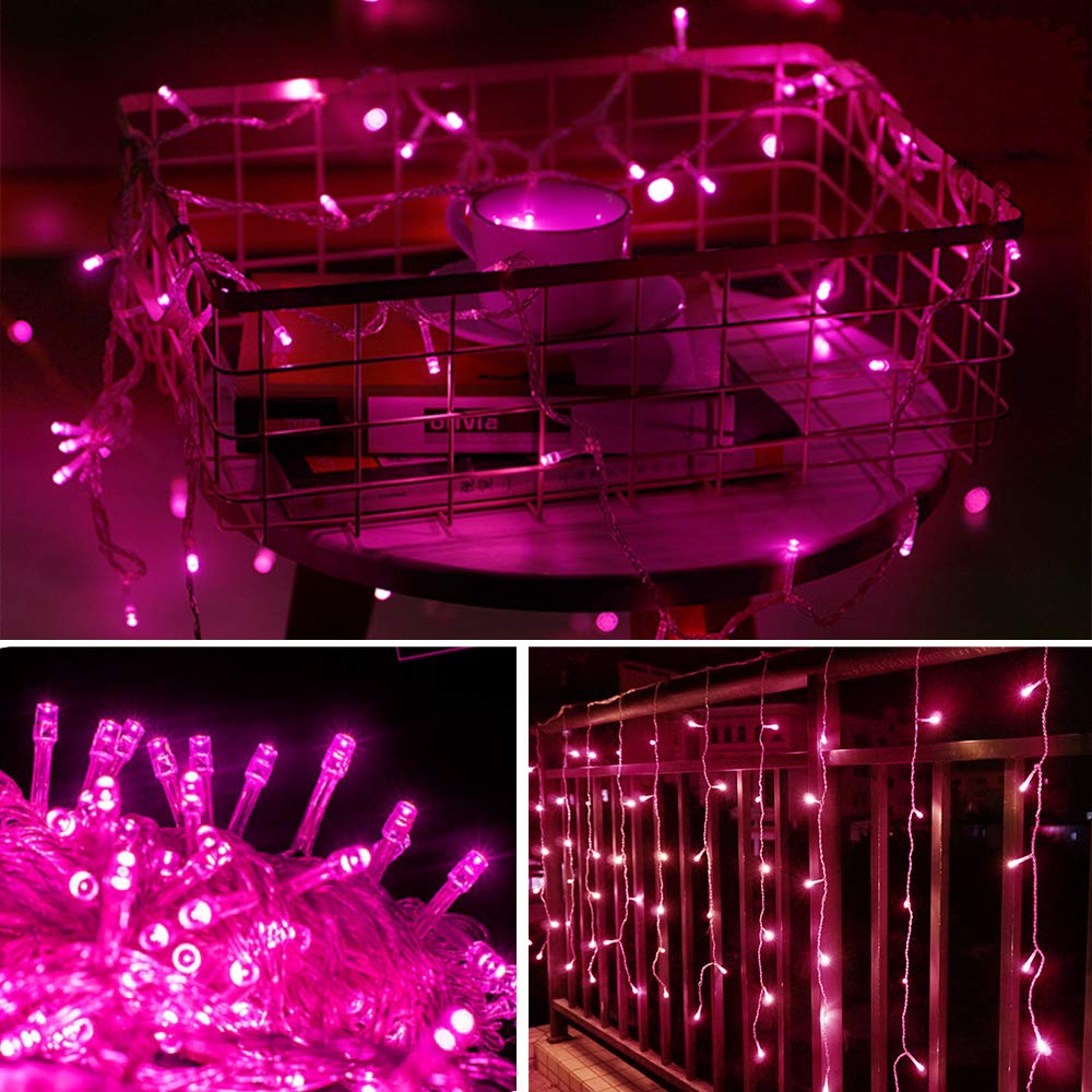 Lainin 3.5M/11ft 96 LED Linkable Fairy Curtain String Light with 8 Modes Memory Functional Controller for Indoor/Outdoor/Patio/Wedding/Christmas Party Holiday Decoration (Pink)