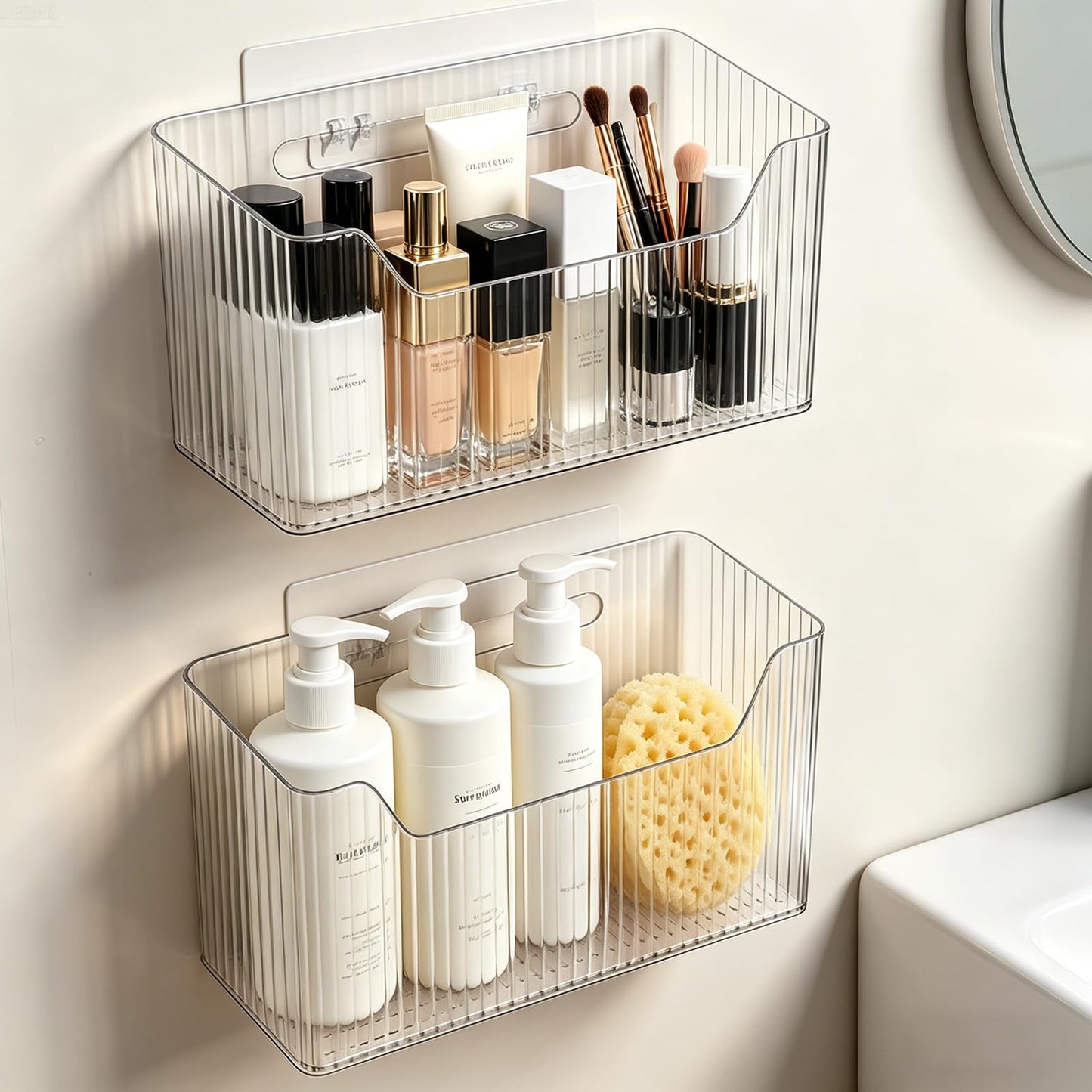 Lae Nuvole 2 Packs Cabinet Door Organizer Wall Mounted Shower Basket, Shower Caddy Stackable Plastic Adhesive Organizer for Bathroom, Kitchen, Cabinet, Pantry, Makeup, BPA Free, Clear