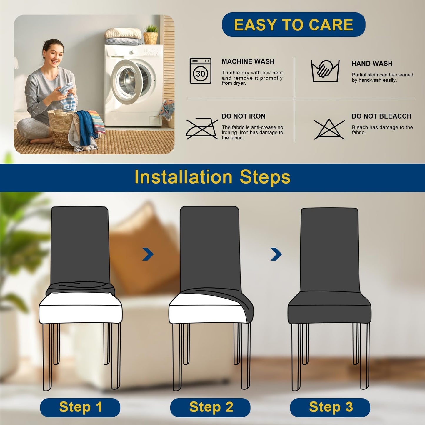 Fafua Chair Covers, Stretch Kitchen Dining Room Chair Covers Set of 6, Removable Washable Dining Chair Slipcovers for Home, Hotel, Banquet