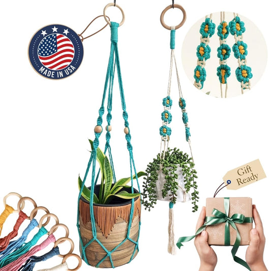 Set of 2 Macrame plant hanger with Daisies & Beads | Hanging plant holder Macrame Plant hangers outdoor and indoor hanging planters Plant stand indoor Boho Decor hanging planter stand (Ocean Teal)