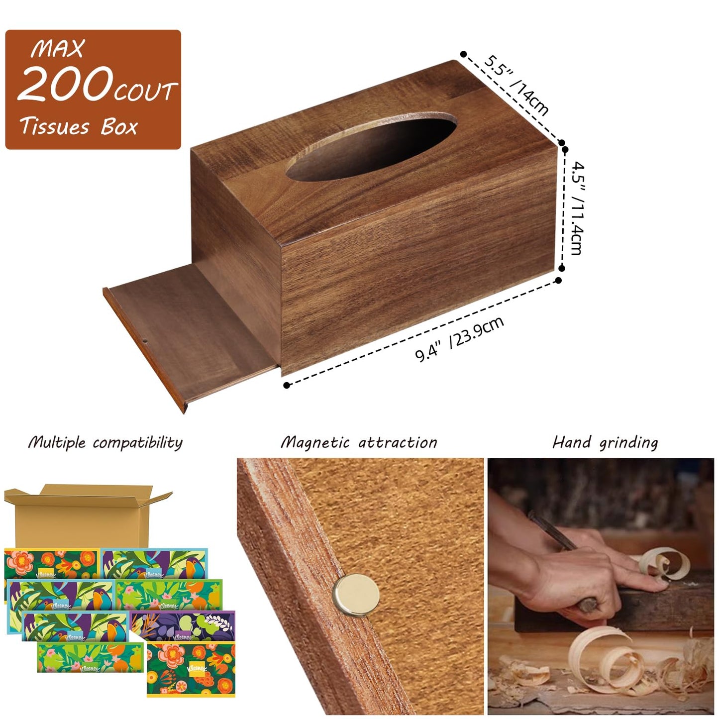 BIBELUN Tissue Box Cover,Acacia Wood Tissue Box Cover Rectangle with Slide-Out Bottom,Wooden Decorative Cube Facial Tissue Holder/Organizer/Dispenser for Bathroom,Office Desk & Bedroom Decor